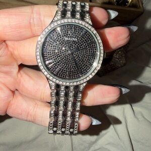 Bulova Black and Silver Pavé Crystal Bracelet Watch